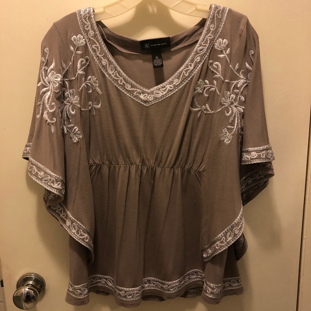INC International Concepts lavender Asymmetrical Blouse w/ Flutter Sleeves taupe